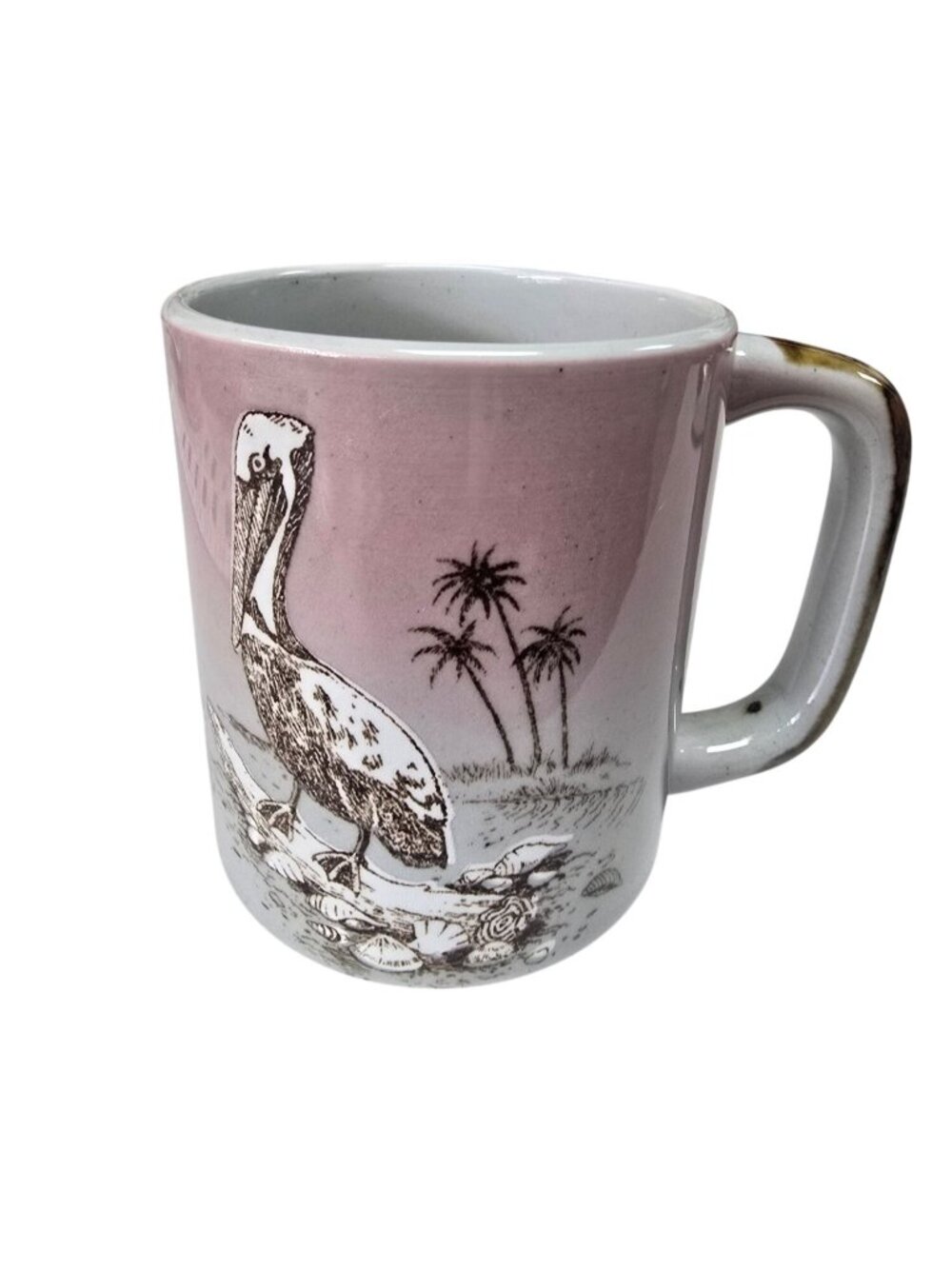 Vintage Ceramic Mug Pelican & Palm Trees Coastal Stoneware Pink Gray Brown